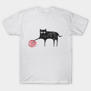 Cute Black Scribble Cat Playing With Ball of Yarn T-Shirt